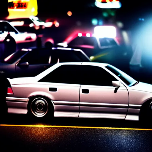 Image similar to a car JZX100 at illegal car meet, Shibuya prefecture, city midnight mist, cinematic color, photorealistic, highly detailed, 200MM