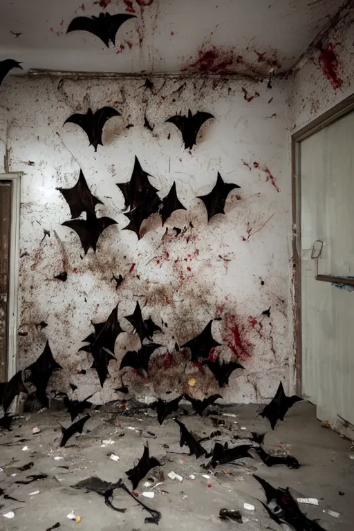 Prompt: A photo of bats flying in an abandoned hospital room, some blood on the walls and trash on the floor