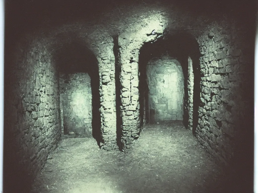 Prompt: A narrow tunnel in a dungeon. Old vintage polaroid photo (no borders)