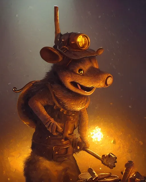 Image similar to oil painting of poor anthropomorphized mouse miner mining gold, pickaxe, close shot, full body, dark steampunk mine shaft background, sharp focus, fantasy style, octane render, volumetric lighting, 8k high definition, by greg rutkowski, highly detailed, trending on art Station, dungeons and dragons artwork, centered