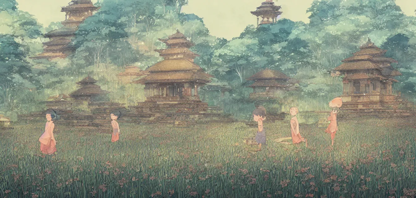 Prompt: dreamy children's book water - color illustration of a candi temple in a wet rice field, makoto shinkai, james jean, victo ngai, janne laine