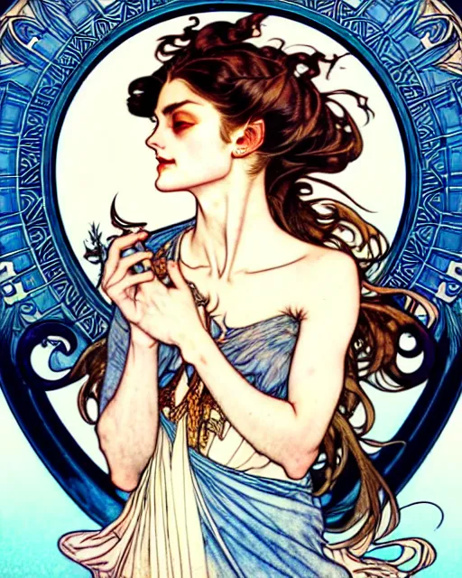 Image similar to in the style of artgerm, arthur rackham, alphonse mucha, phoebe tonkin, symmetrical eyes, symmetrical face, flowing blue skirt, full entire body, hair blowing, intricate filagree, hidden hands, warm colors, cool offset colors