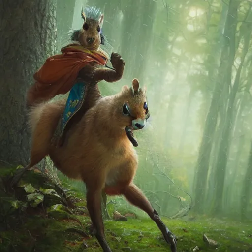 Image similar to oil painting of Anthropomorphized Squirrel warrior riding on Badger, wearing green cloak, wearing war paint, sharp focus, fantasy style, octane render, volumetric lighting, 8k high definition, by greg rutkowski, highly detailed, trending on art Station, magic the gathering artwork, magical forest backround, centered