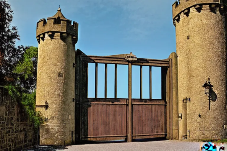 Prompt: 1950s castle gate with drawbridge muted colors. by Keith Parkinson