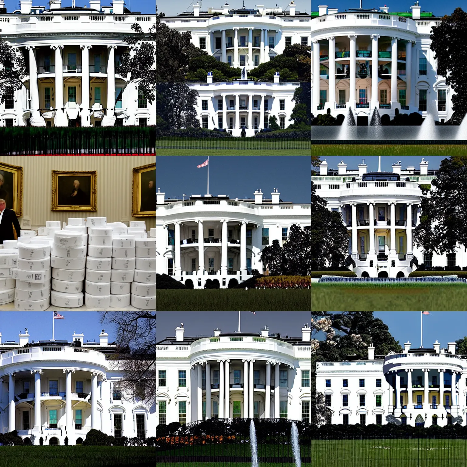 Prompt: the white house covered in toilet paper