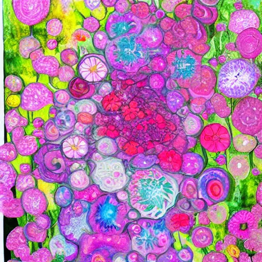 Image similar to Mixed media art. This illustration is a large canvas, covered in a wash of color. In the center is a cluster of flowers, their petals curling and twisting in on themselves. The effect is ethereal and dreamlike, and the overall effect is one of serenity and peace. by Toyo Ito robust