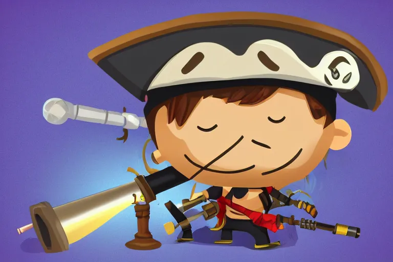 Image similar to little man with a pirate hat holds a bazooka, chibi, game character design