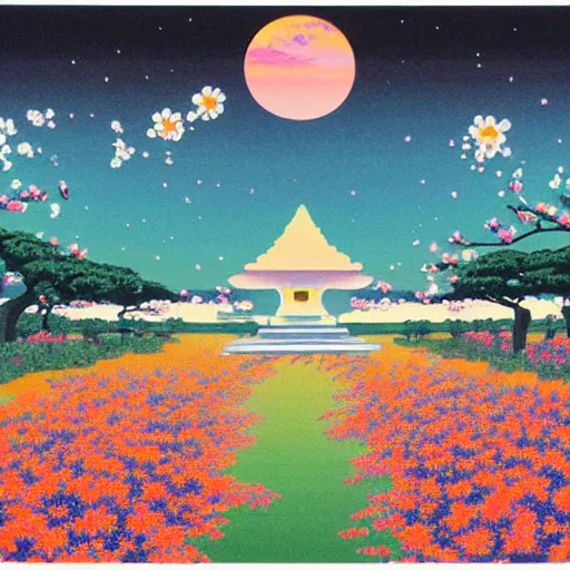 Image similar to a beautiful painting of a large alien shrine shrouded by mystic nebula magic in a field of flowers by hiroshi nagai