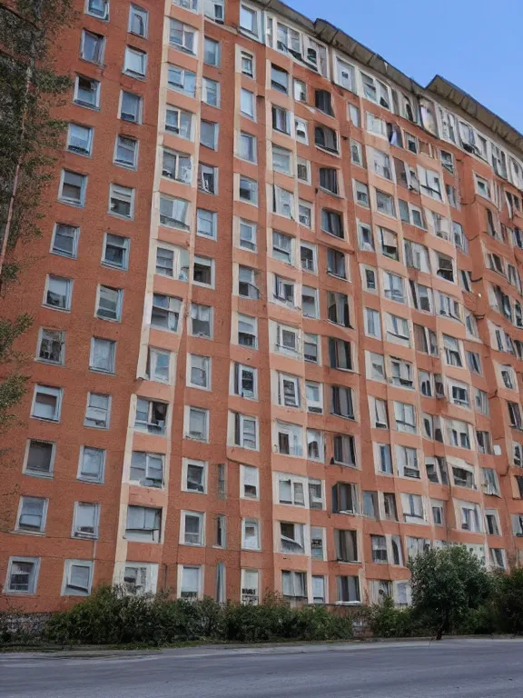 Prompt: soviet apartment building, photo, one full object, front side view