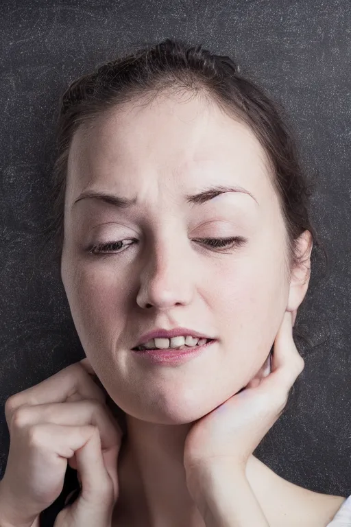 Image similar to photo of depressive teacher near blackboard, women, 2 5 year old, portrait, realistic, detailed