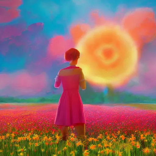 Image similar to giant daisy flower face, full body girl standing in a flower field, surreal photography, sunrise, dramatic light, impressionist painting, colorful clouds, digital painting, artstation, simon stalenhag