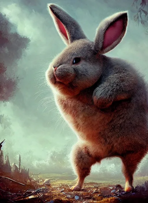 Prompt: hyper realistic, a cute adorable happy masculine big chungus, inside a dreamscape, extremely large eyes, background painted by greg rutkowski, artgerm, soft lighting, analogous colors,