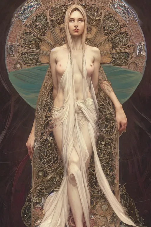 Image similar to a full body portrait of a beautiful ethereal delicate mage queen meditative sacral pose catholic stages of the cross, intricate, elegant, highly detailed, digital painting, artstation, concept art, smooth, sharp focus, illustration, art by krenz cushart and artem demura and alphonse mucha