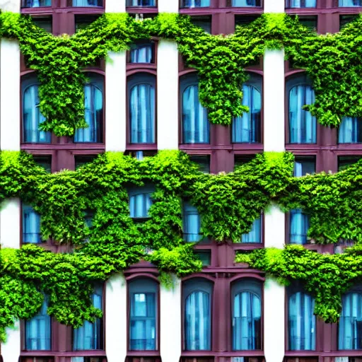 Prompt: hyperrealistic green foliage covering old buildings in some random city