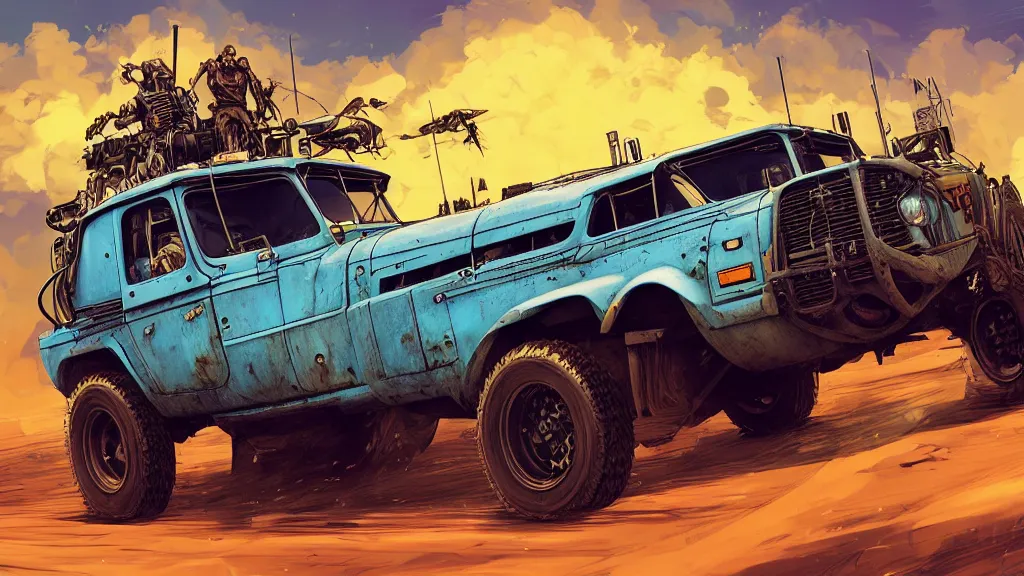 Image similar to digital illustration of mad max's fj 4 0 pursuit special riding fury road eternal shiny and chrome, the last v 8 interceptor driving down to the gates of valhalla highway in the middle of the day, anime style, year 2 0 9 3, by makoto shinkai, ilya kuvshinov, lois van baarle, rossdraws, basquiat