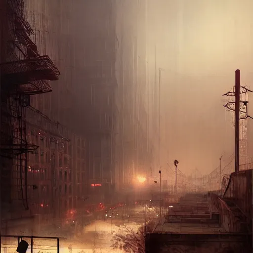 Image similar to ciri in a dark industrial soviet city, smog, atmospheric, pollution, digital art, by greg rutkowski, highly detailed, by jeremy lipking, octane render