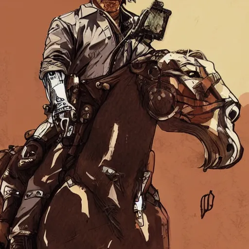 Image similar to a portrait of Arthur Morgan from Red Dead Redemption as a cyborg riding a cyborg horse, art by Yoji Shinkawa