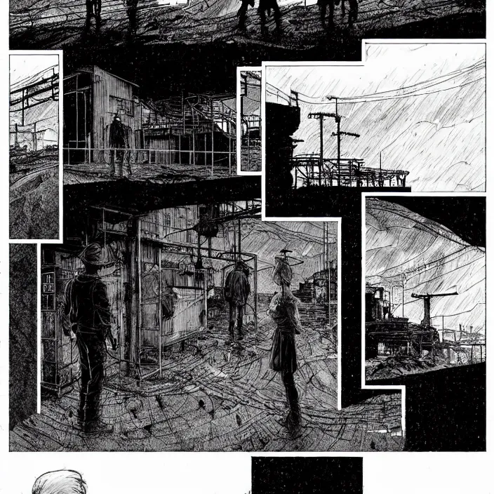 Prompt: sadie sink as a miner waits in a queue. outside a coal mine. storyboard, scifi cyberpunk. by gabriel hardman, joe alves, chris bonura. cinematic atmosphere, detailed and intricate, perfect anatomy