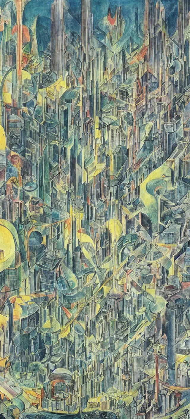 Prompt: a futuristic cityscape by william blake, colorful, wide greenways