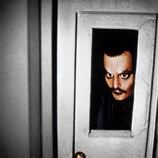 Prompt: Johnny Depp as Jack Torrance in Shining looking through the hole in the broken door