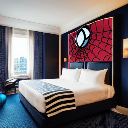 Prompt: designer photography of hotel room themed to spider - man motif. bed has spider - man blankets. wall has spider - man pattern. furniture has spider - man motif. furniture is shaped like spider - man furniture. carpet has spider - man motif. lighting has spider - man film shapes