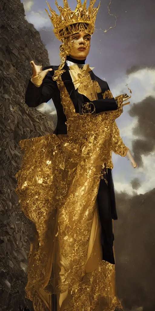 Image similar to young Camilo wearing a golden crown and a black tissue paper prince tuxedo by Prada. ethereal, fantasy, Lawrence Alma-Tadema, James Jean, oozium, peter morbacher, angelarium, alchemy, luxury, heavenly light, Soft illumination, Trending on artstation, Cinematic Lighting, very detailed, 3D, octane render, artgerm