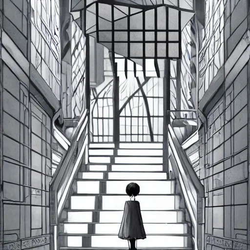 Prompt: a creepy porcelain doll - like woman walking through a bright white staircase with many doors and hallways, mc escher architecture, very detailed background, epic composition, anime key visual, anime style, by makoto shinkai