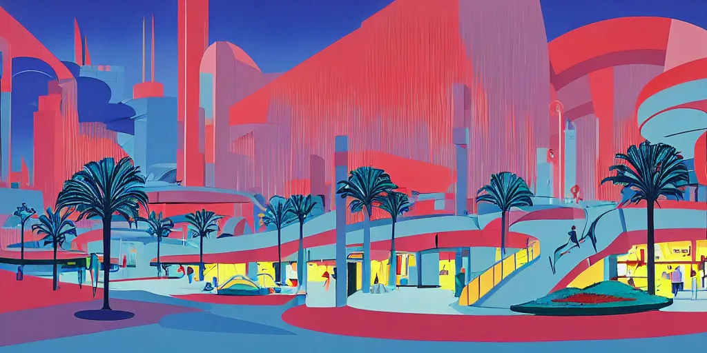 Image similar to modern mall, gouache, animated film, stylised, illustration, by eyvind earle, scott wills, genndy tartakovski, syd mead