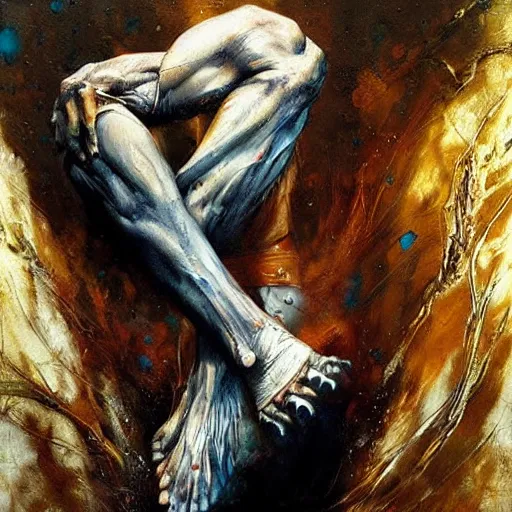 Image similar to a rugged man standing, ethereal, painting by karol bak