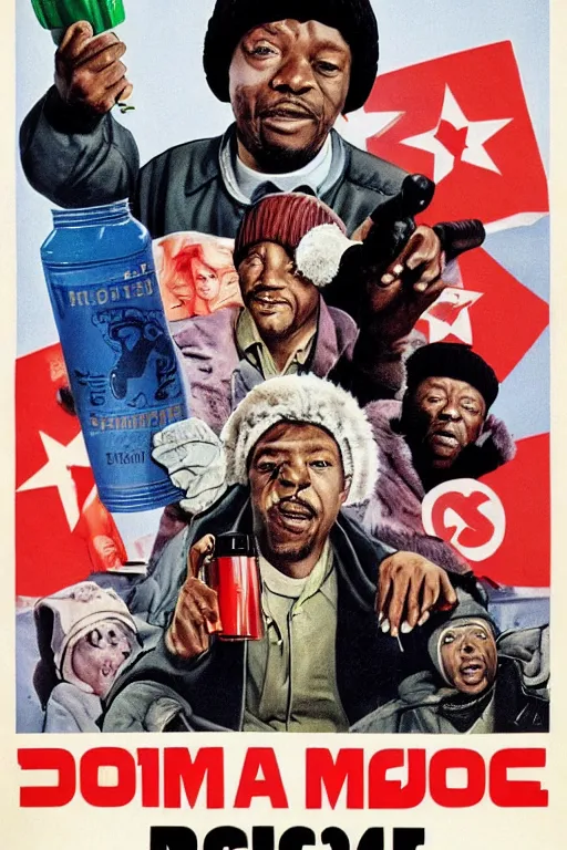 Image similar to poster the movie 1 9 8 8 ussr don't be a menace to south central while drinking your juice in the hood, perfect symmetrical eye, gray fur hat soviet soviet russian winter fur cap with earflaps ushanka, bottle of vodka, bears, kremlin babushka communist criminal