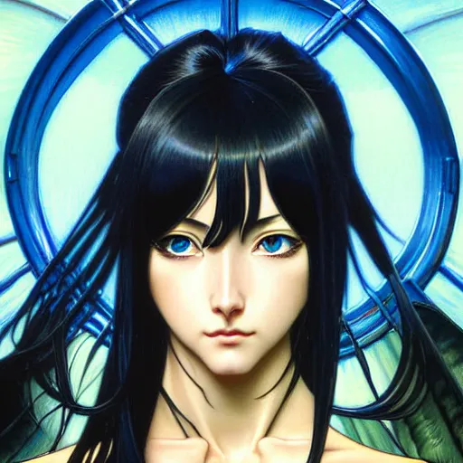 Image similar to intricately detailed vfx portrait of nico robin by eiichiro oda!, makoto shinkai, alphonse mucha, art by artgerm and greg rutkowski!, blue eyes!!, large aquiline nose!!, best of behance, concept art, matte, sharp focus, adolphe bouguereau, annie leibovitz, stanley kubrick,