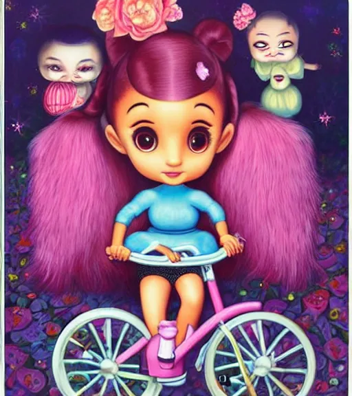 Image similar to Ariana Grande on a tricycle, lowbrow painting by Jeremiah Ketner and Hiroyuki Mitsume-Takahashi and Goro Fujita and Mark Ryden