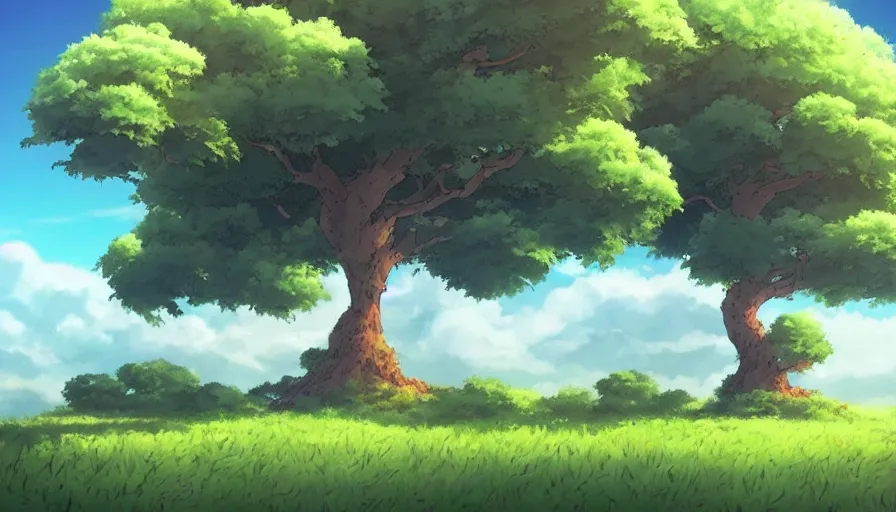 Prompt: a landscape of a single tree with bushes nearby, studio ghibli, castle in the sky, animated, anime, illustrated, vibrant, by artgerm, anime background on artstation