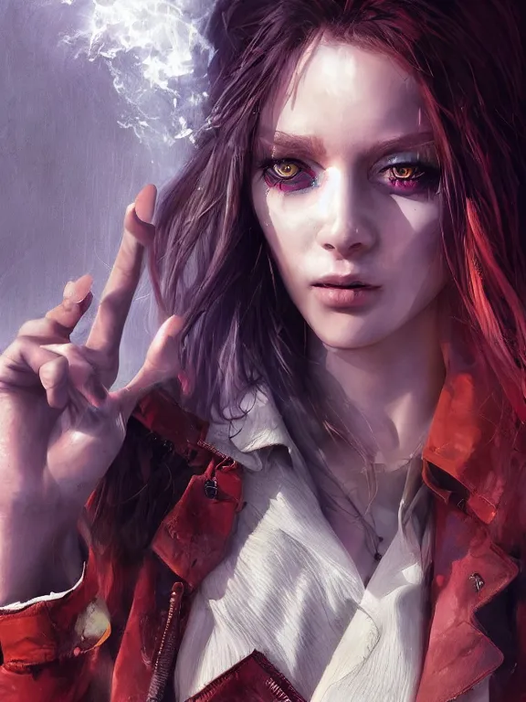 Image similar to digital illustration of a girl with eyes that burn like cigarettes wearing a short skirt and a long jacket with fingernails that shine like justice, dramatic lighting, photorealistic, full body shot, extreme detail, 4 k, colorful, artgerm and craig mullins, detailed face