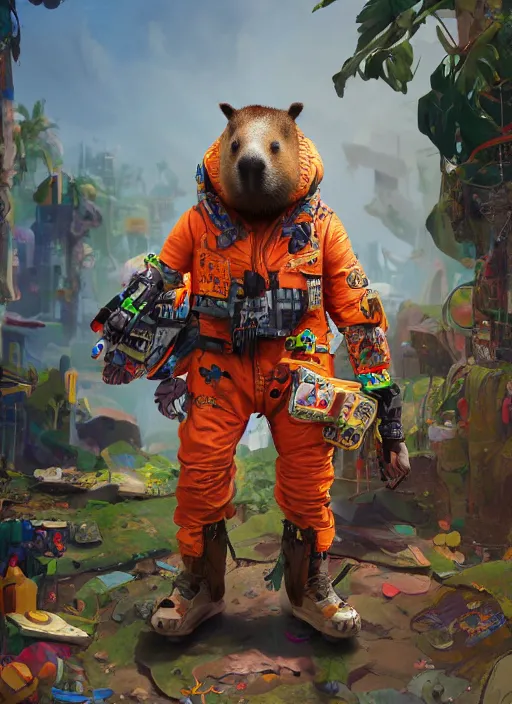 Prompt: cartoon, detailed full body concept art, illustration matte painting, an anthropomorphic capybara pilot in full intricate colorful clothing, ultra detailed, digital art, octane render, 4K, dystopian, biomutant, micro details