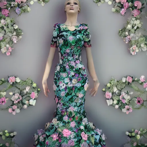 Image similar to beautiful blonde lady in a 3D flower dress , hyperrealistic, ultra detailed, octane render, symmetric, 3d, majestic, dark fantasy, intricate