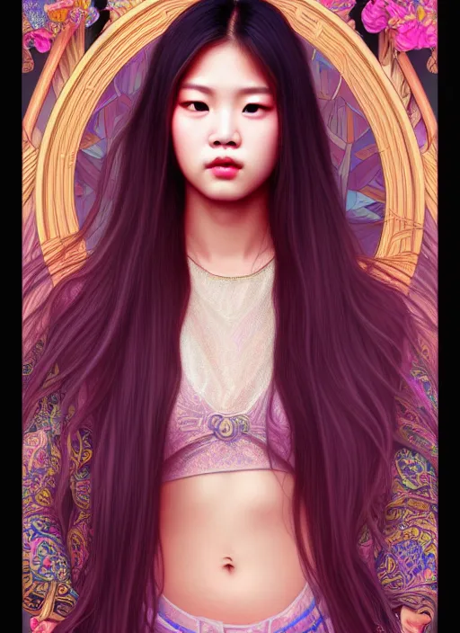 Prompt: jennie kim of blackpink, queen, tarot card, highly detailed, digital painting, smooth, sharp focus, illustration, ultra realistic, unreal engine, 8 k, art by artgerm and alphonse mucha