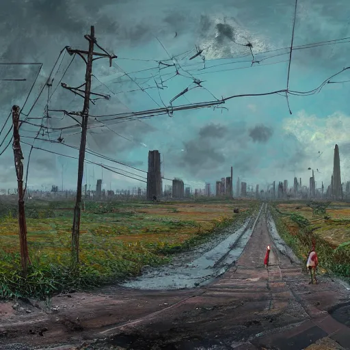 Prompt: two wanderers on an old apocalyptic road, cityscape ruins in the distance, fallen towers with electrical wires , abandoned rusty cars on the roadside, wires on poles are crossing the road, water puddles, birds in the sky, masterpiece 4k, intricate details, realistic, panoramic view, Hyperdetailed, 8k resolution, painted by simon stålenhag and monet