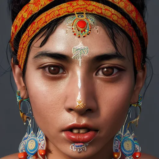 Image similar to portrait of a stunningly beautiful alluring nepalese tribal female, depth of field, zeiss lens, detailed, symmetrical, centered, fashion photoshoot, by annie leibovitz and steve mccurry, david lazar, jimmy nelsson, breathtaking, 8 k resolution, extremely detailed, beautiful, establishing shot, artistic, hyperrealistic, beautiful face, octane render