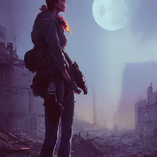 Image similar to A portrait of a blue eye girl, ruins of a destroyed city and a yellow-red full moon on background, techwear, dark, rainy atmosphere, natural volumetric light, intricate, highly detailed, digital painting, concept art, sharp focus, illustration, art by greg rutkowski, matte painting, trending on artstation