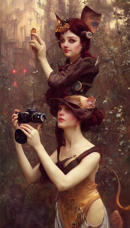 Image similar to hyper realistic photographer taking a picture of a cat, magical, steampunk, painted by tom bagshaw, mucha, gaston bussiere, craig mullins, j. c. leyendecker 8 k