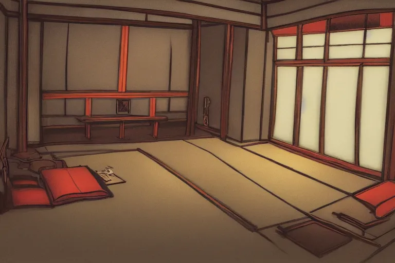 Image similar to concept art of japanese room, sen no rikyu, urasenke, paint style