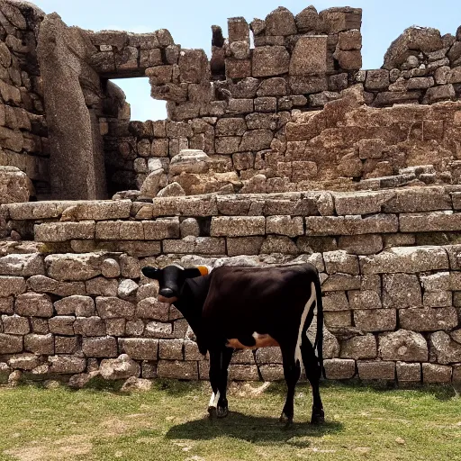 Prompt: a cow standing on top of ancient ruins