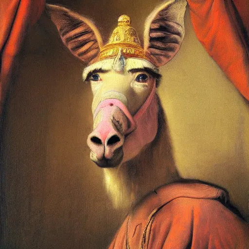 Prompt: the portrait of a pink donkey portrayed like a king, majestic, Rembrandt style, oil paint