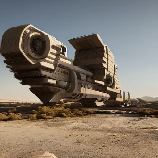 Prompt: Sci-Fi industrial futuristic futurism Brutalism brutalistic Angular huge huge carrying carrier vehicle desert