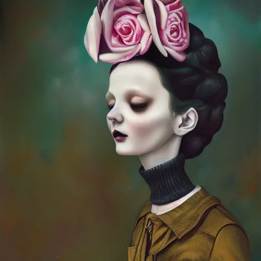 Image similar to a painting in the style of mark ryden and in the style of irakli nadar.