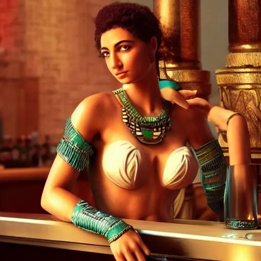 Image similar to an roman god on a date with Egyptian goddess at a bar Trending on artstation DeviantArt Pinterest furaffinty Photorealistic HD 8k highlights and shadow detailed High Resolution