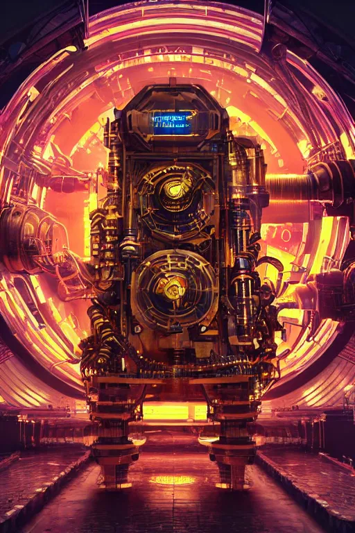 Image similar to a movie poster, write the text tripmachine, photo of a huge futuristic steampunk generator inside a steampunk machinery, 8 k, fluorescent colors, halluzinogenic, multicolored, exaggerated detailed, 3 d render, octane