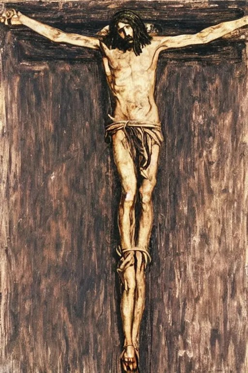 Image similar to jesus christ crucified painted by cy twombly and andy warhol