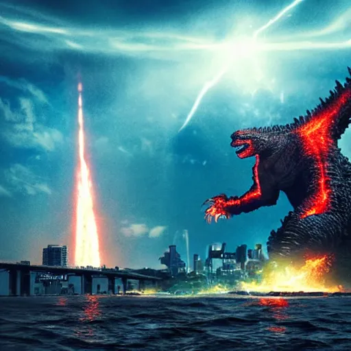 Image similar to meteor colliding with tokyo with godzilla watching